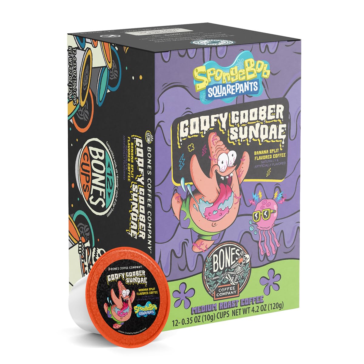 Bones Coffee Company Flavored Coffee Bones Cups Goofy Goober Sundae Flavored Pods Banana Split Flavor | 12Ct Single-Serve Coffee