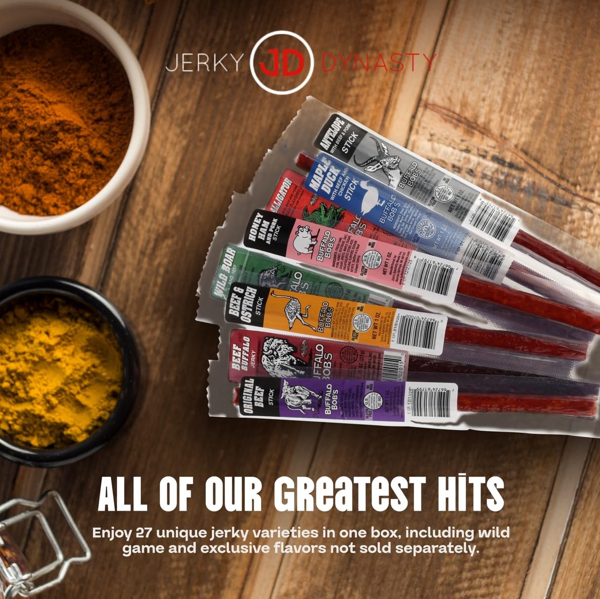 Jerky Dynasty The Ultimate 27-Piece Exotic Jerky With Gift Box - Buffalo Bob'S Wild Game Jerky Variety Pack - Exclusive Flavors,