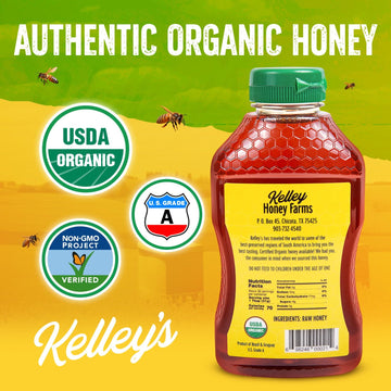 Kelley'S 100% Organic Raw & Unfiltered Honey, Usda Certified, 24 Oz - All Natural, Flavor-Rich Honey For Fruits, Yogurt, Smoothi