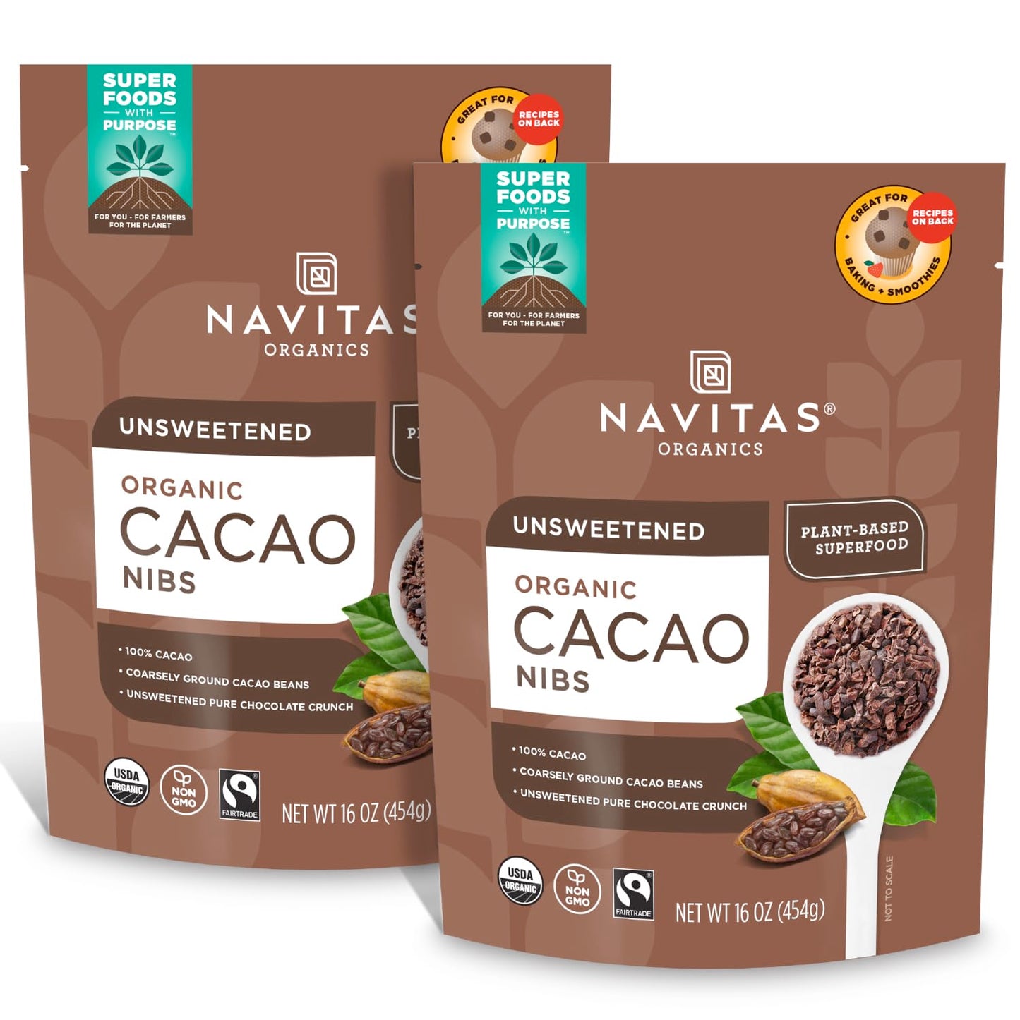 Navitas Organics Cacao Nibs 16oz. bag, 15 servings - Organic, Non-GMO, Fair Trade, Gluten-Free (Pack of 2)