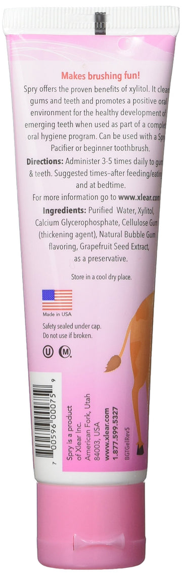 Spry Xylitol Baby Toothpaste, Natural Toddler Toothpaste, Fluoride Free Toothpaste For Kids, Xylitol Toothpaste For Kids Age 3 Months And Up, Tooth Gel Bubble Gum 2 Fl Oz (Pack Of 3)