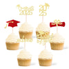 36 Pcs Class of 2025 Graduation Cupcake Toppers, Gold & Red Glitter Double-Sided Grad Cap Cake Toppers for Party Supplies, 2025