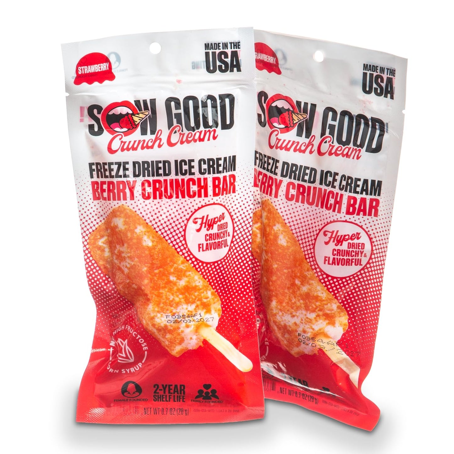 Sow Good Freeze Dried Ice Cream Candy Berry Crunch Ice Cream Bar 2 Pack. Perfect For Snacking, Parties & Astronauts