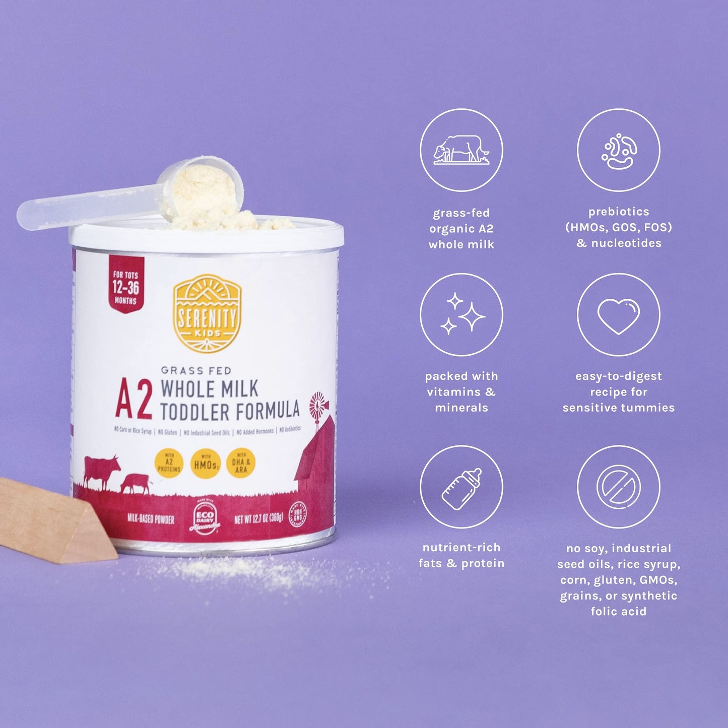 Serenity Kids 12+ Months Toddler Milk Formula Powder - Grass Fed Organic A2 Whole Milk - 12.7Oz Can - Clean Label Project Purity