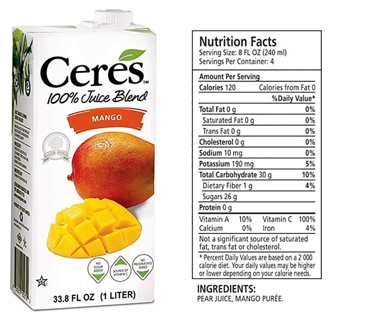 Ceres 100% All Natural Pure Fruit Juice Blend, Mango - Gluten Free, Rich in Vitamin C, No Added Sugar or Preservatives, Choleste