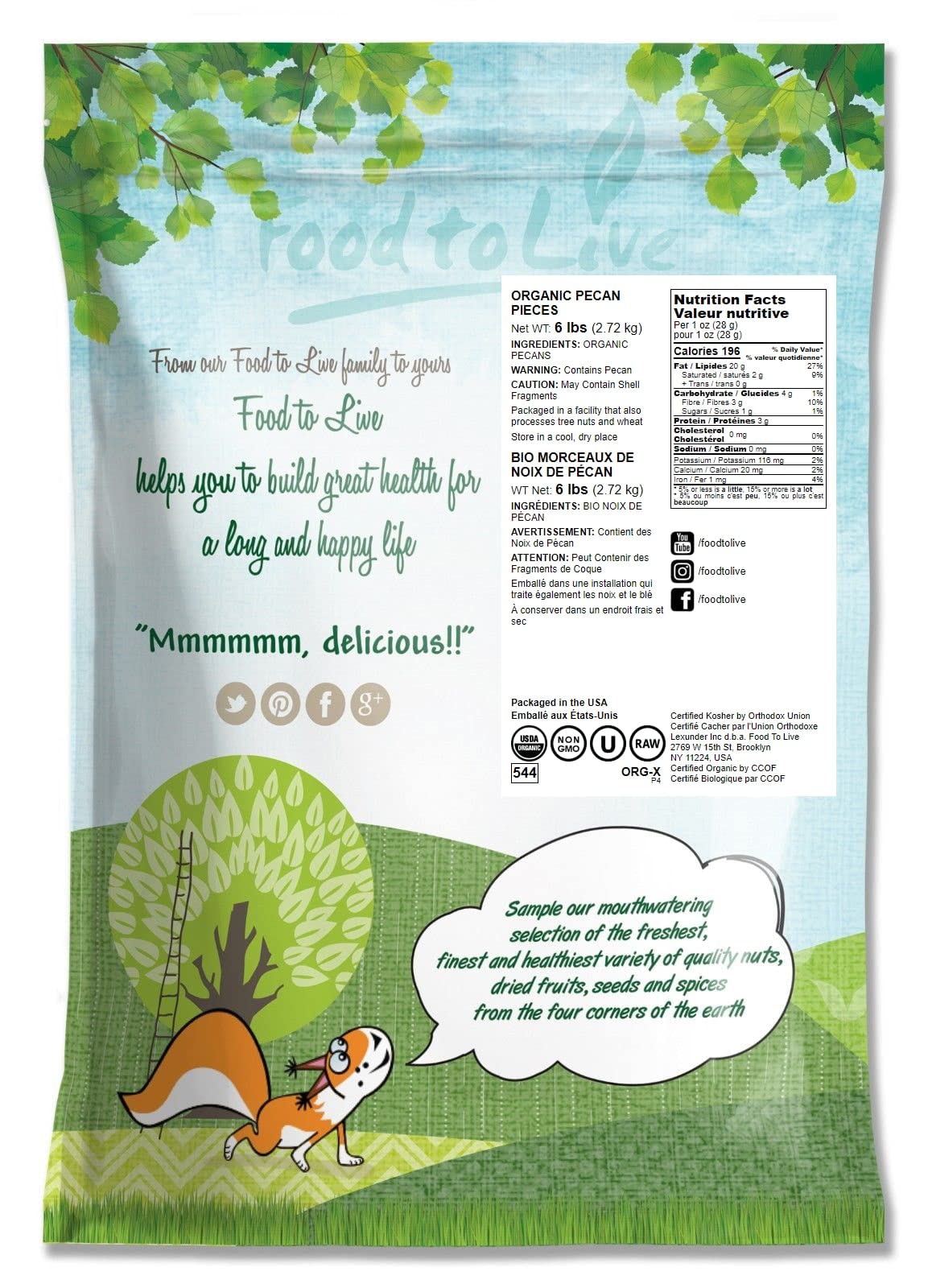 Food To Live Organic Pecan Pieces, 6 Pounds - Raw, Chopped Pecans, Non-Gmo, Unsalted, Unroasted, Kosher, Shelled, Vegan, Keto, S