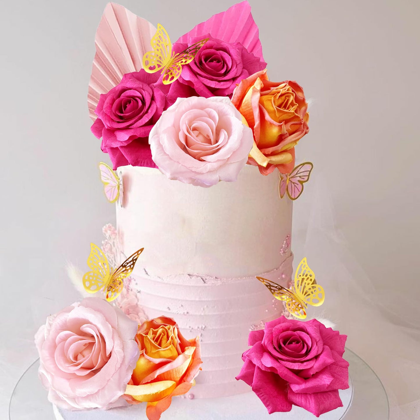 Boho Cake Topper Flower Palm Leaves Cake Decorations For Bohemian Wedding Baby Shower Birthday Party Supplies (Hot Pink)