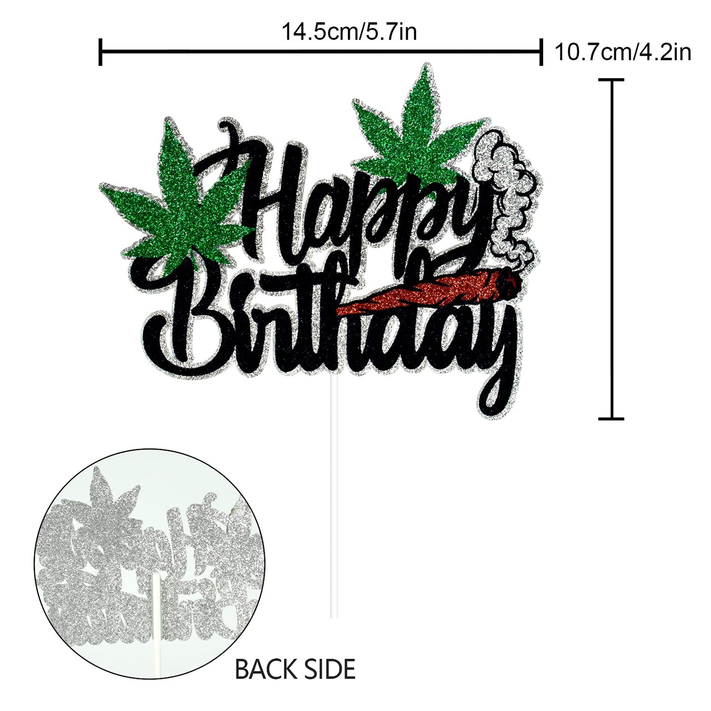ZFMY Wong Happy Birthday Cake Topper - Black Glitter Leaf Decoration - 14.5cm/5.7in x 10.7cm/4.2in