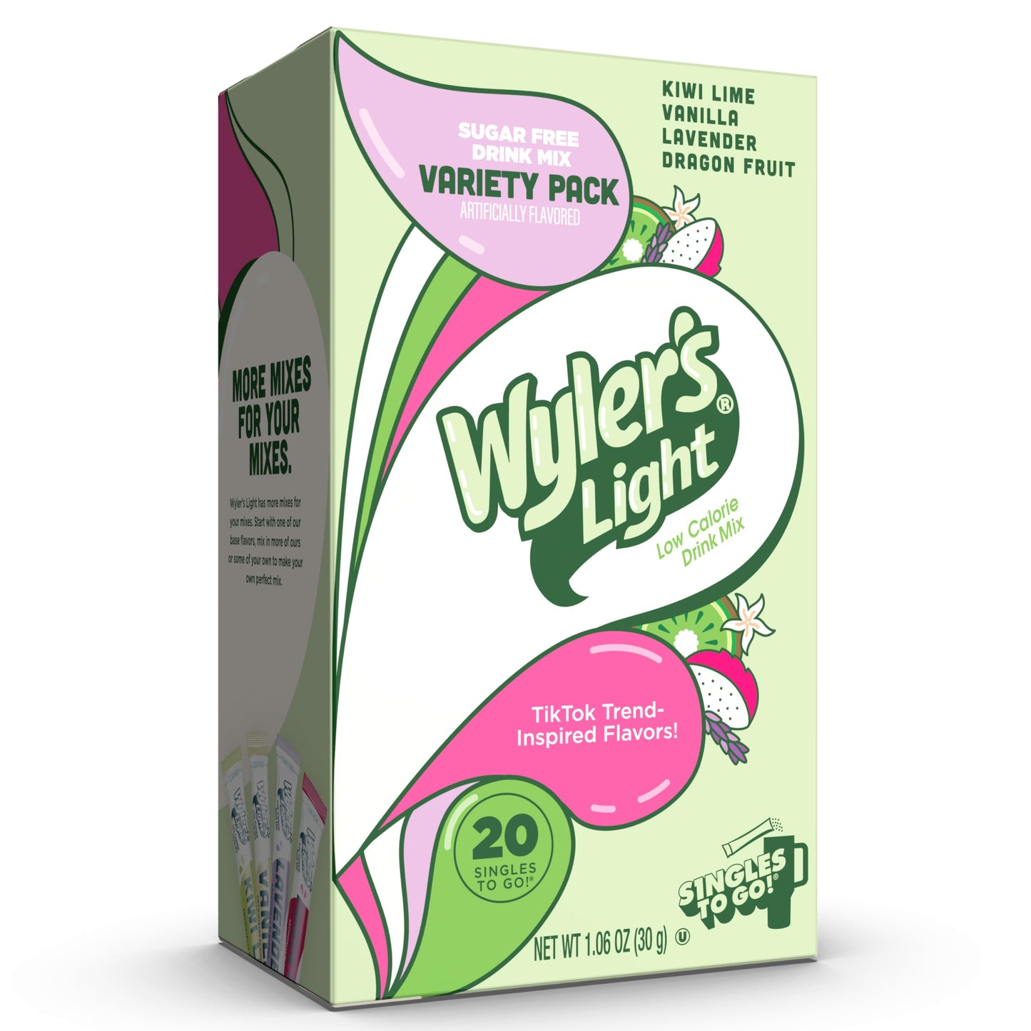 Wylers Light Singles to Go Powder Packets, Variety Pack, Kiwi Lime, Vanilla, Lavender, Dragon Fruit, 20 Count, 1.06 Ounce