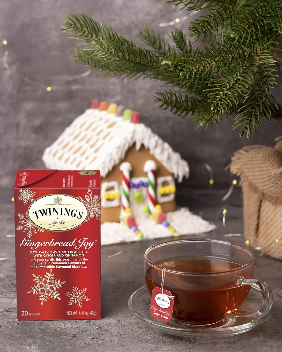 Twinings Gingerbread Joy Black Tea Individually Wrapped Bags, 20 Count (Pack Of 1), Ginger & Cinnamon, Caffeinated, Enjoy Hot Or Iced