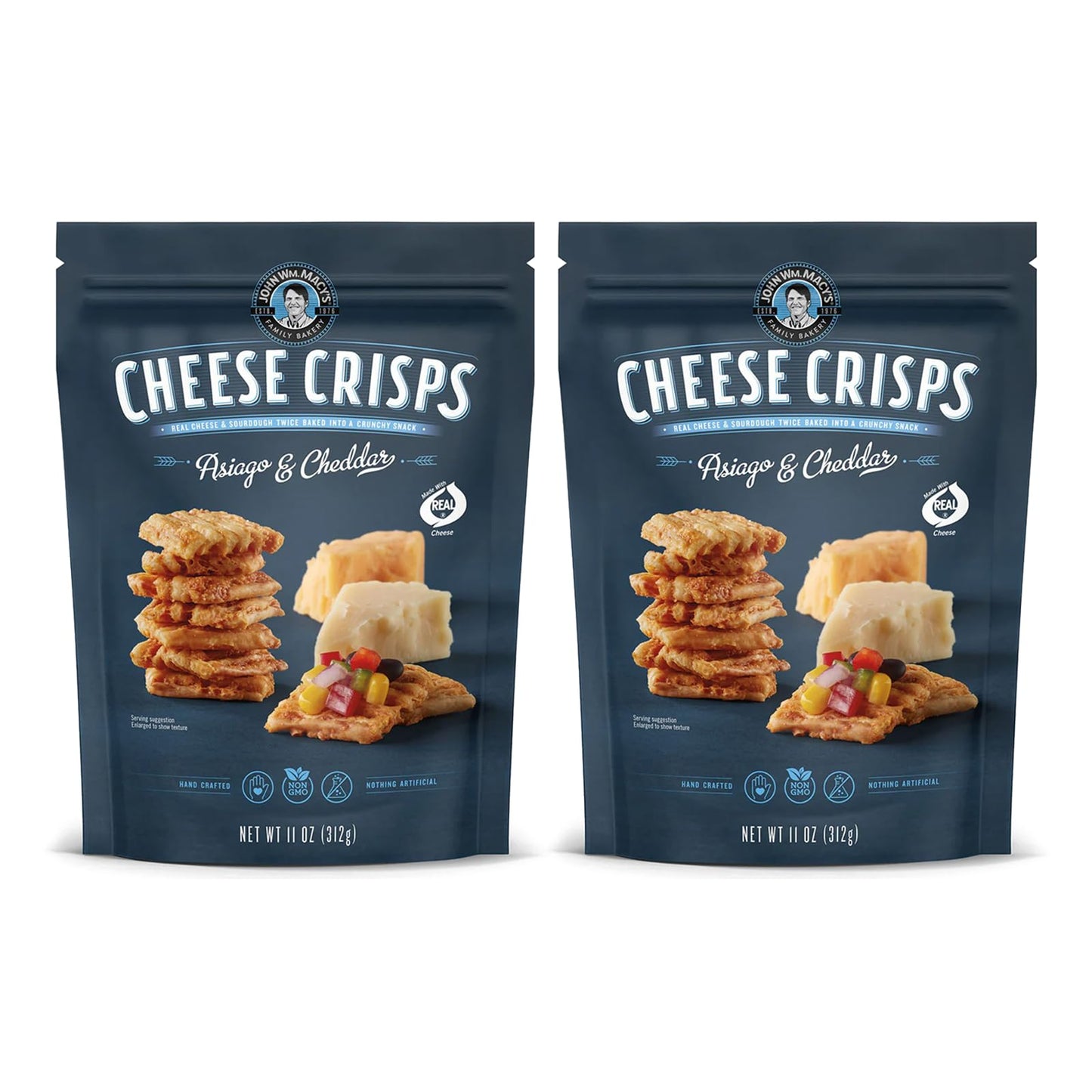 John Wm. Macy - Asiago & Cheddar Cheese Crisps - Hand Crafted, Non GMO, and Nothing Artificial - Made with Real Cheese - 11 oz.