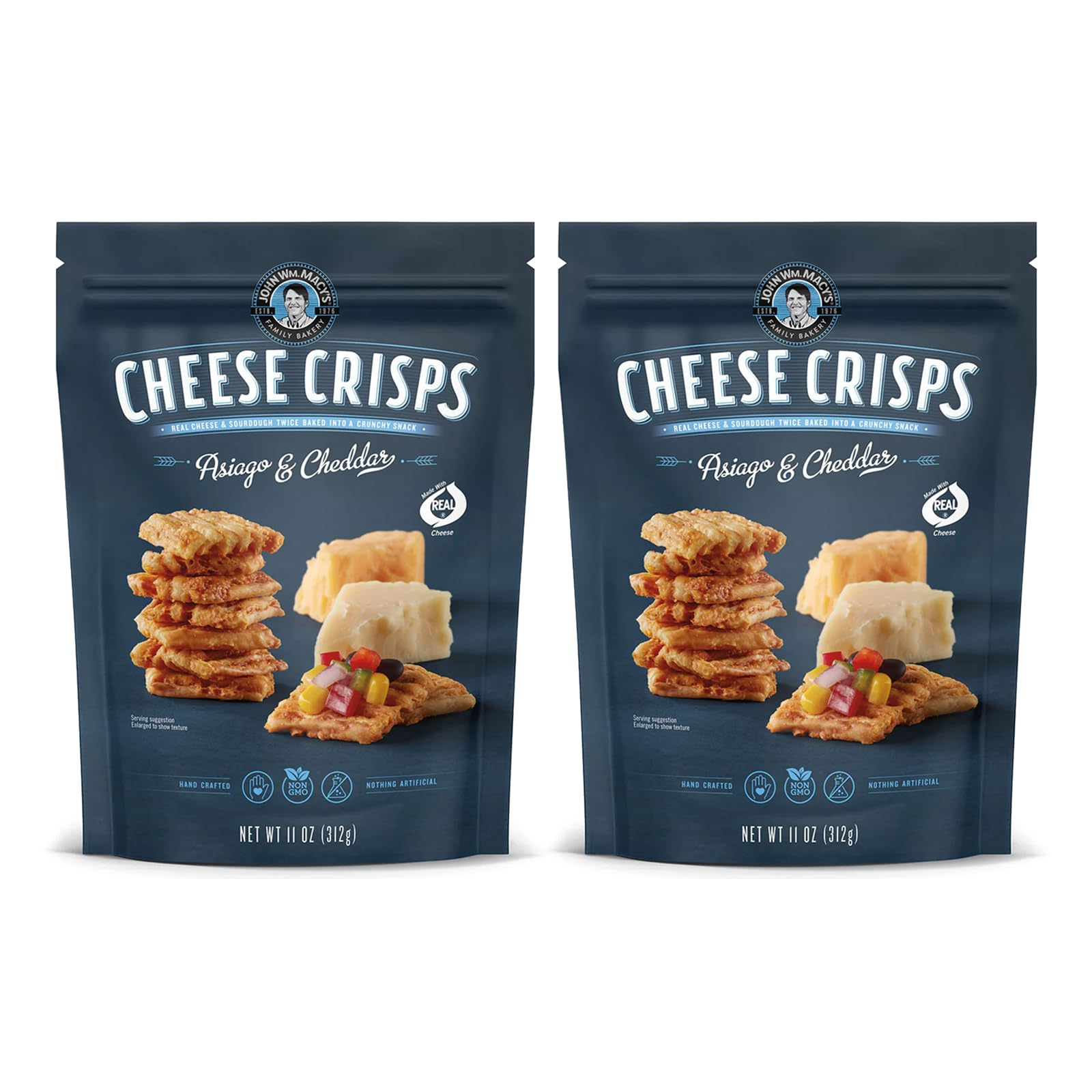 John Wm. Macy - Asiago & Cheddar Cheese Crisps - Hand Crafted, Non GMO, and Nothing Artificial - Made with Real Cheese - 11 oz.