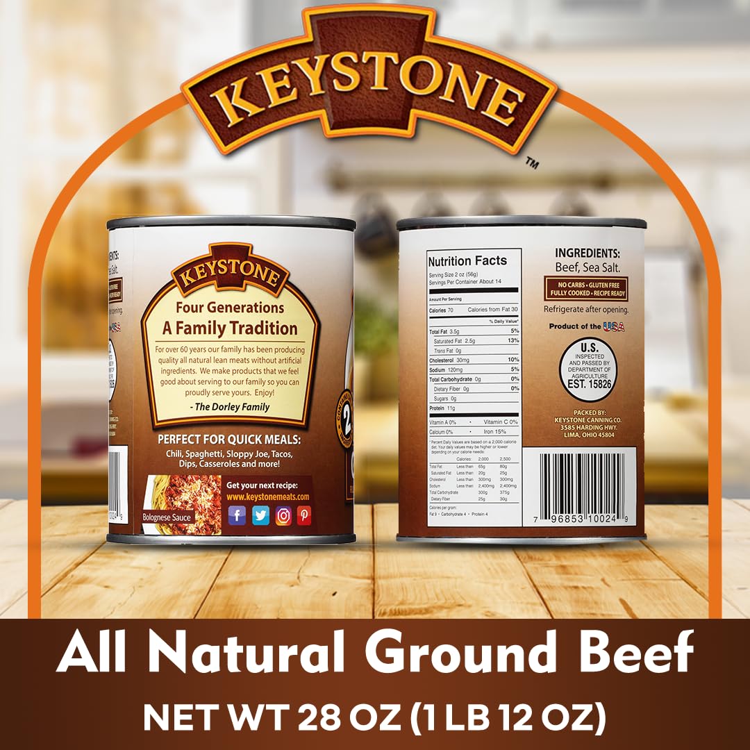Keystone All Natural Ground Beef 28 Ounce Long Term Emergency Survival Food Canned Meat | Fully Cooked Ready to Eat | Gluten Fre