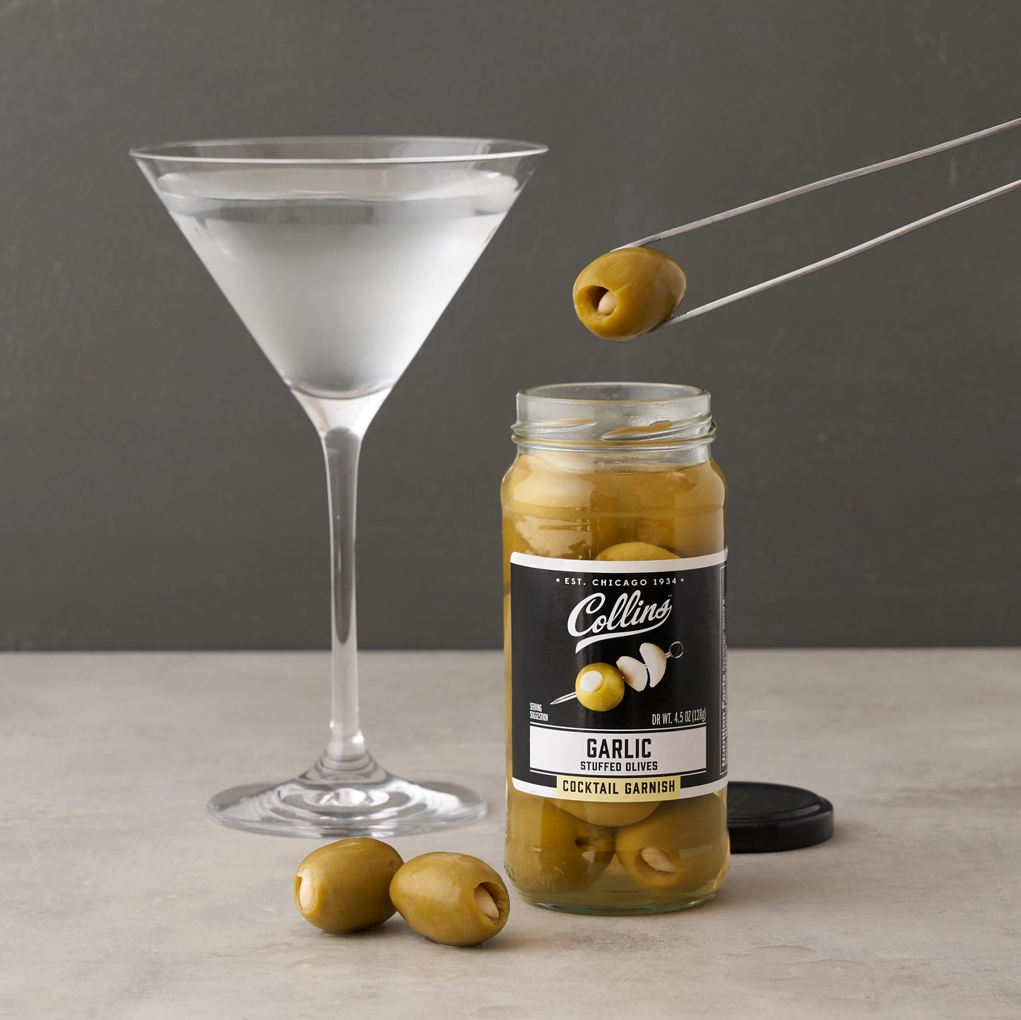 Collins Garlic Queen Olives | Premium Garlic-Stuffed Green Olives | 5 oz. | Black | Model O257