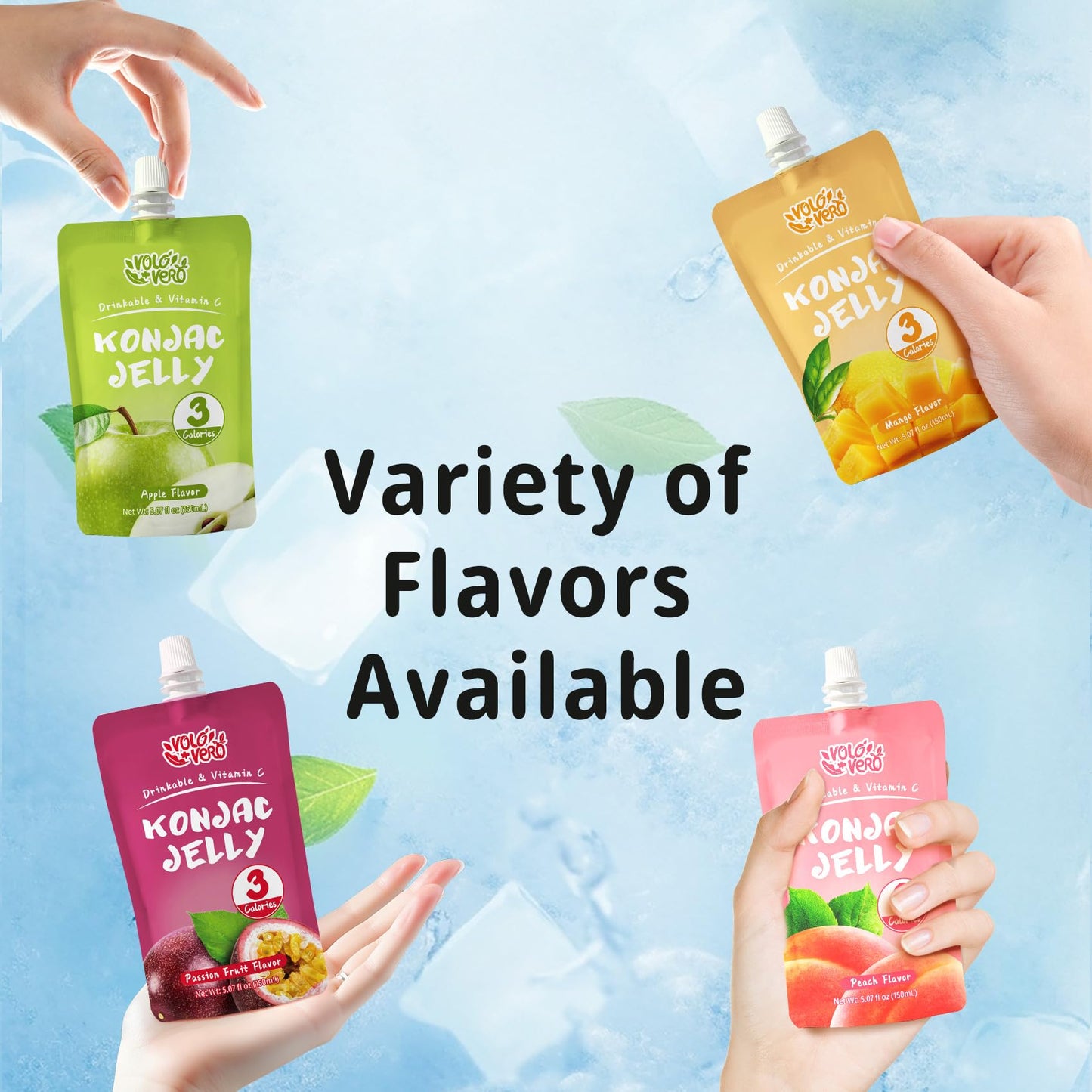 Volo Vero Drinkable Konjac Jelly Variety Pack, 3 Calories, 10 Pack, 0 Sugar, Vegan, Gluten Free, Keto, Vitamin C Fruit Snacks Holiday Gifts - Flavors Include Mango, Peach, Passion Fruit, And Apple Pouches