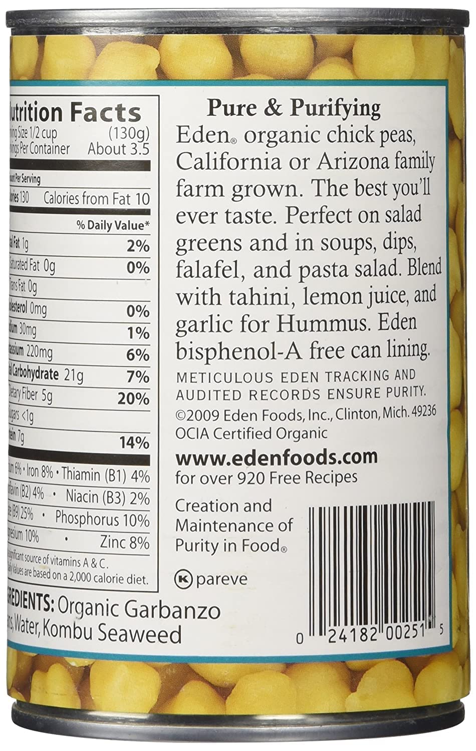 Eden Organic Garbanzo Beans, 15 Oz Can, No Salt, Non-Gmo, Gluten Free, Vegan, Kosher, U.S. Grown, Heat And Serve, Macrobiotic, Chickpeas