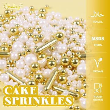 White Deluxe Gold Sprinkles For Cake Decorating 4.23Ounce - Sugar Mix Contains Star & Pearl Sprinkles For Cupcake Toppers, Ice C