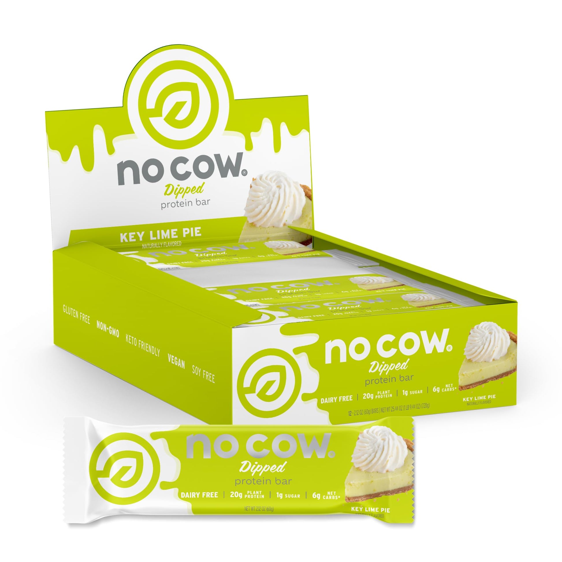 No Cow High Protein Bars, Dipped Key Lime Pie - Healthy Snacks, 20g Vegan Protein, High Fiber, Low Sugar, Keto Friendly, Dairy &