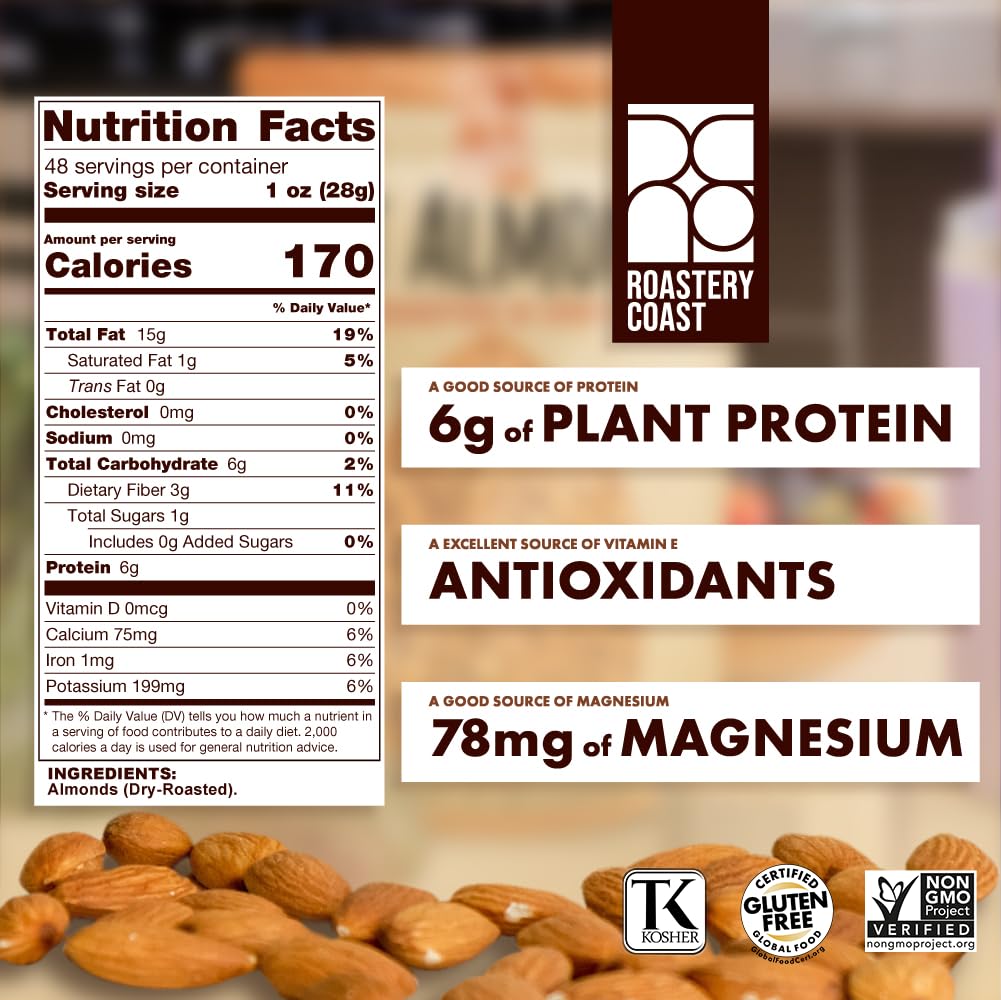 Roastery Coast - Daily Nuts Just Roasted Almonds | Almonds Bulk 3 Lb | Unsalted Nuts| Slow Dry Roasted | Steam Pasteurized | Pla
