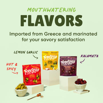 Freestyle Snacks Olive Snack Packs - Jumbo Kalamata & Green Olives, All Natural, 4oz (6 Pack)