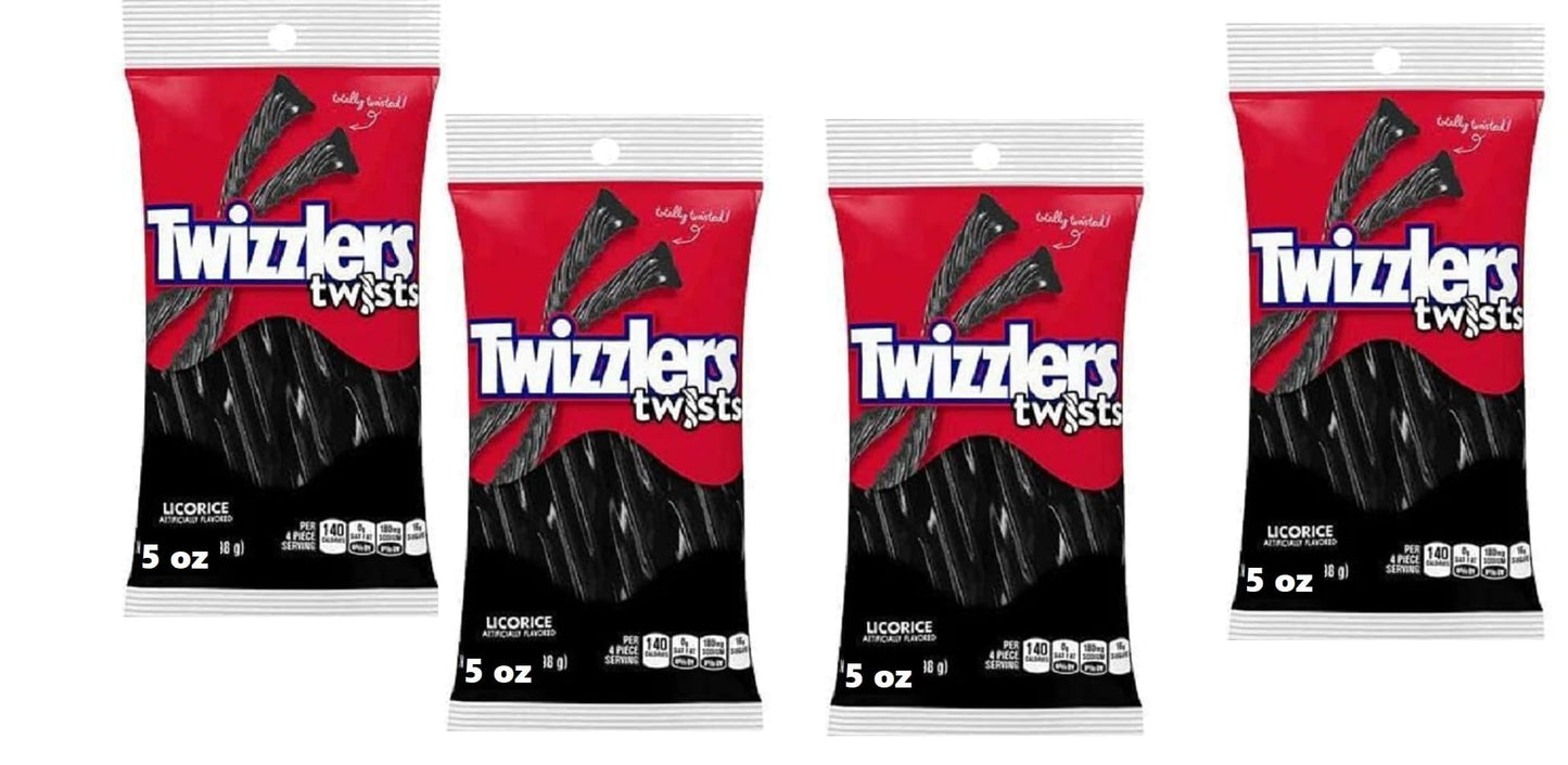Tundras Twizzler Black Licorice Twists Chewy Candy, 5 oz Bag, Pack of 4, Soft Original Flavor