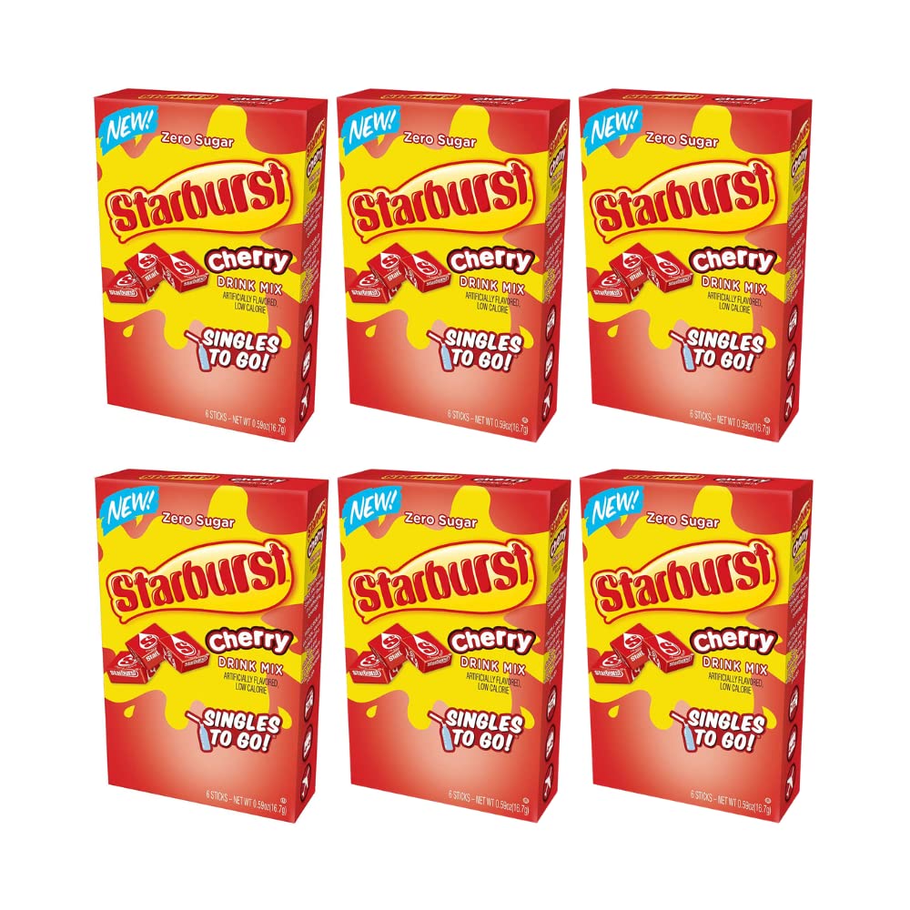 Starburst Singles To Go Powdered Drink Mix, Cherry, 6 Boxes with 6 Packets Each - 36 Total Servings, Sugar-Free Drink Powder, Ju