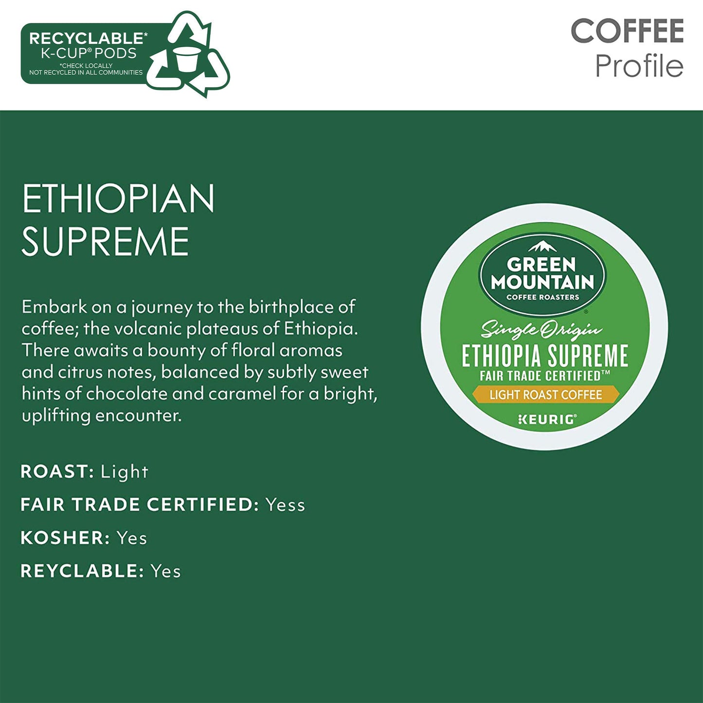 Green Mountain Coffee Roasters Ethiopia Supreme Coffee, 72 Count (6 Packs Of 12)
