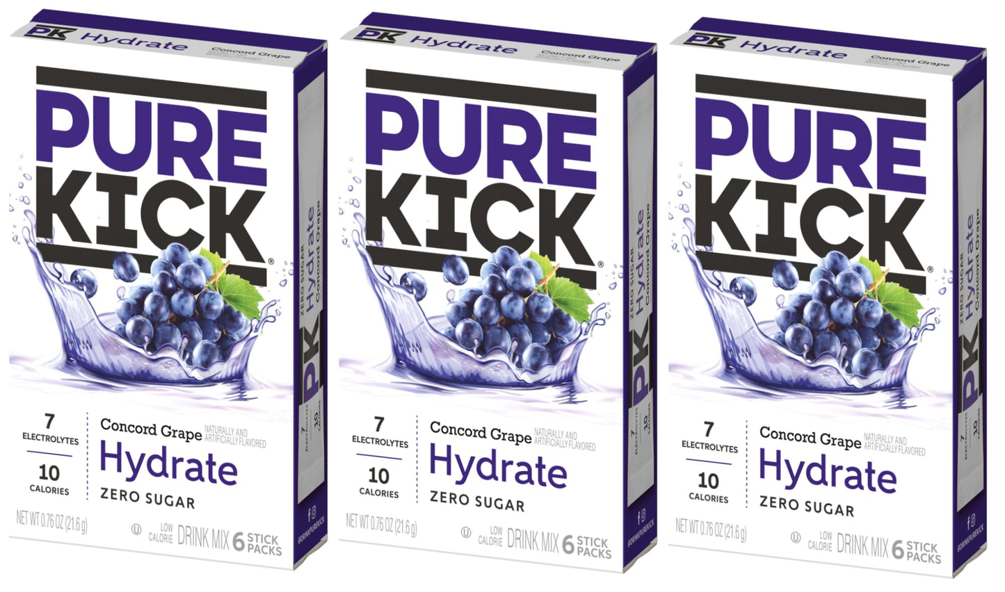 Singles To Go! Pure Kick Hydration Drink Mix Concord Grape 3 Boxes With 6 Packets Each - 18 Total Servings
