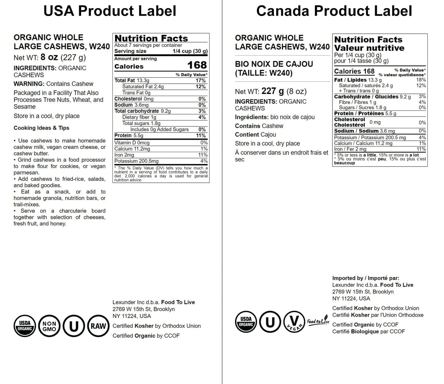 Food To Live Organic Cashews, 8 Ounces – Whole, Size W-240, Unsalted, Non-Gmo, Kosher, Raw, Vegan, Bulk