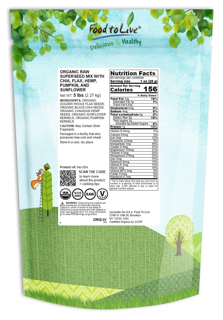 Food To Live - Organic Raw Superseed Mix- Chia, Flax, Hemp, Pumpkin, And Sunflower, 5 Pounds - Non-Gmo Whole Seeds Blend, Vegan,