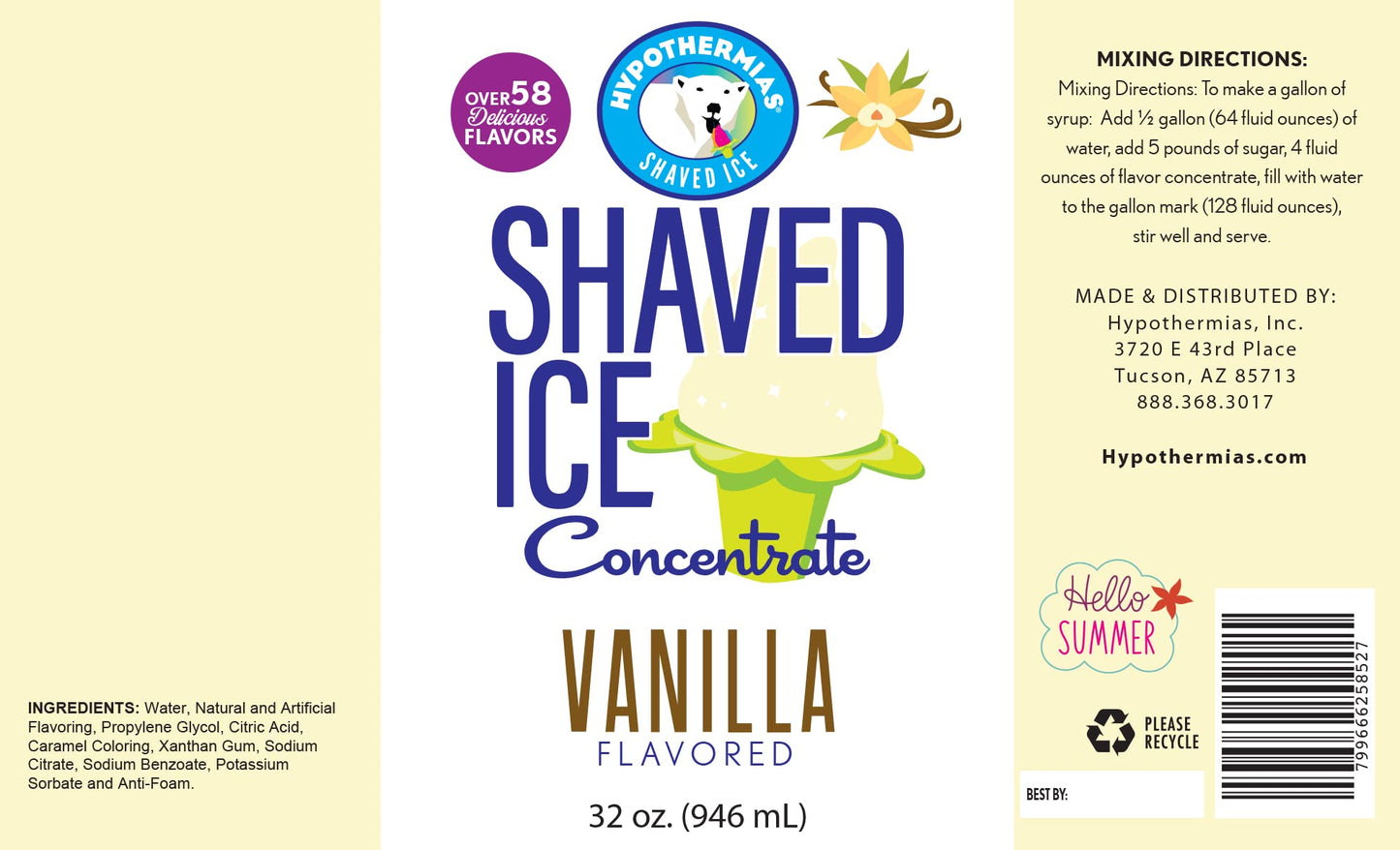 Hypothermias Shaved Ice Syrup Concentrate - Vanilla - 32 Fl Oz - Makes 8 Gallons - Unsweetened, Add Sweetener & Water