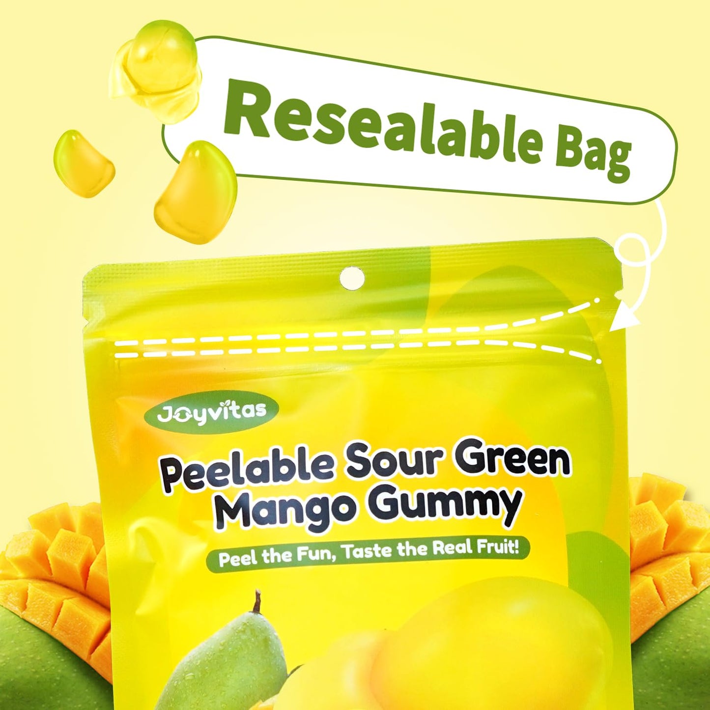 Joyvitas Peelable Gummy Green Mango Candy - Low Sugar, Individually Wrapped, Pack of 8, 25.4oz, Tropical Peeling Gummies
