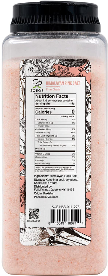 Soeos Himalayan Pink Salt, Fine Grain, 38.8oz (2.4 LB), Non-GMO, Pink Salt, Kosher Salt, Himalayan Rock Salt