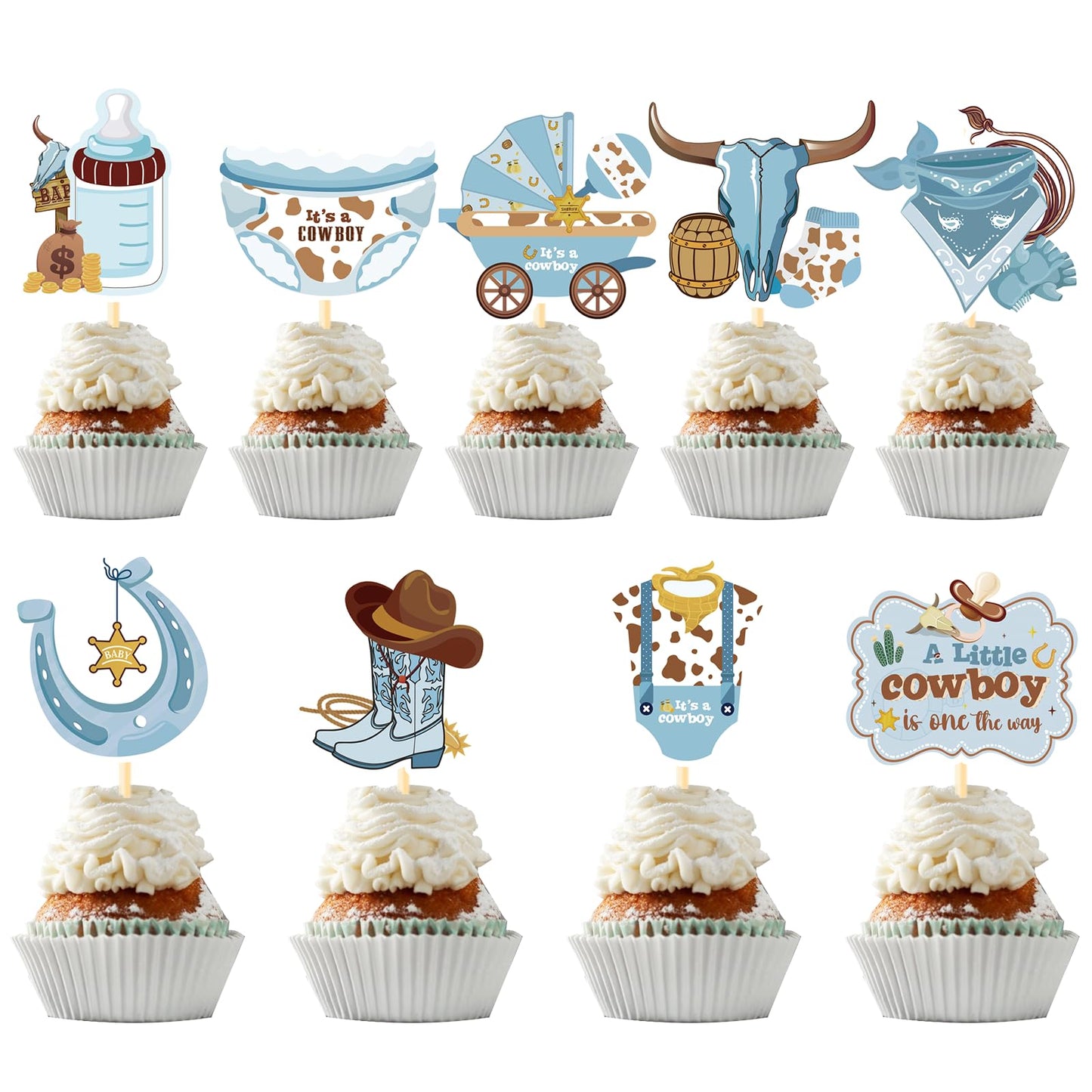 Western Cowboy Baby Shower Decorations - Wxiben 36Pcs Pre-Strung Rodeo Cupcake Toppers Picks Cowboy Party Decoration Themed Party Decor Supplies A Little Boy Is On The Way For Newborn Party