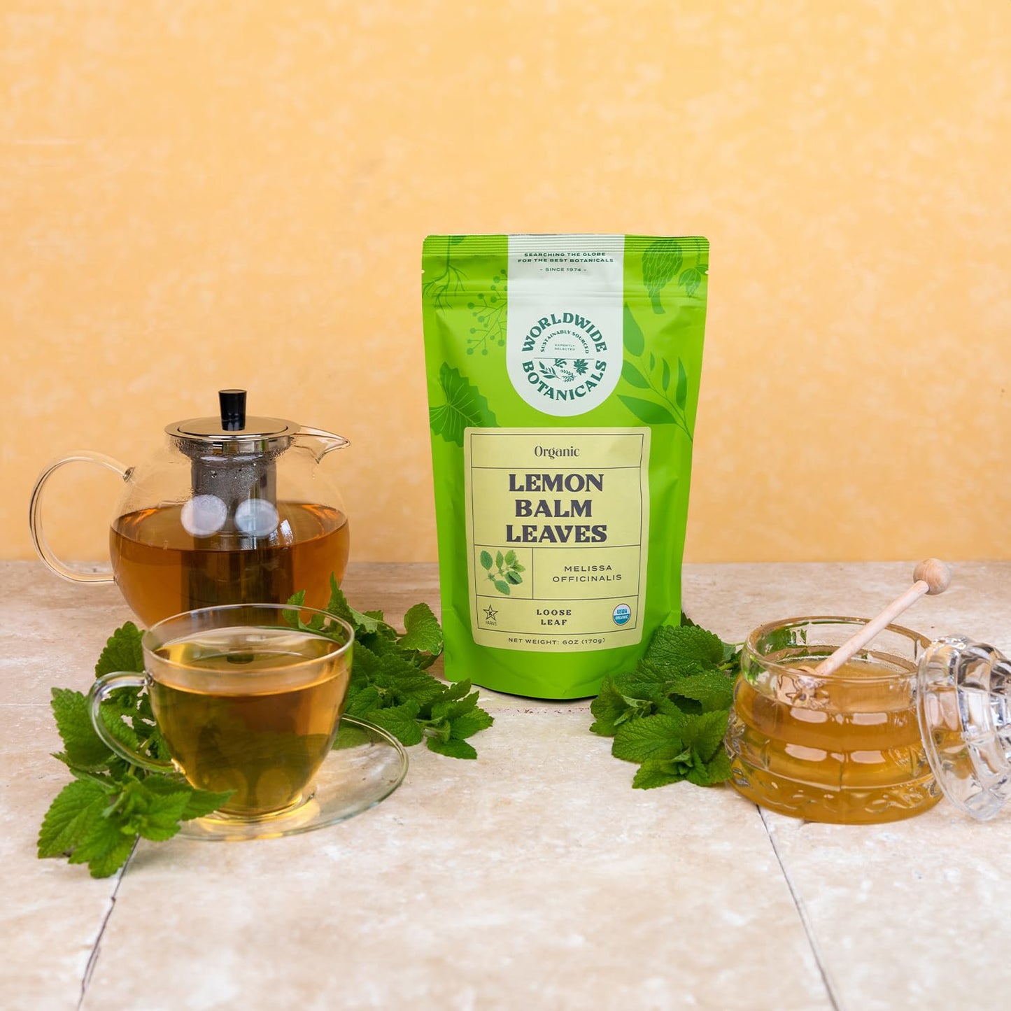 Worldwide Botanicals Organic Lemon Balm Tea - Loose Leaf Premium Herbal Tea | 100% Pure Lemon Balm Leaves | Calming Tea For Stre