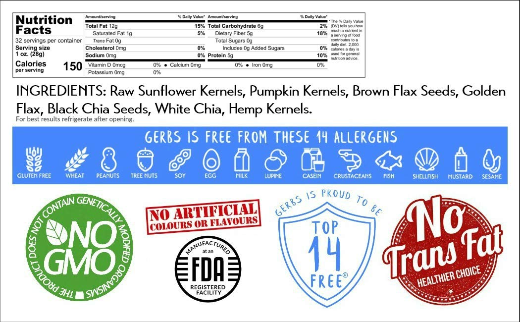 Gerbs Raw Super 7 Seed Snack Trail Mix 2 Lbs. | Top 14 Food Allergy Free | Resealable Bulk Bag | Made In Usa | Raw Pumpkin | Sun