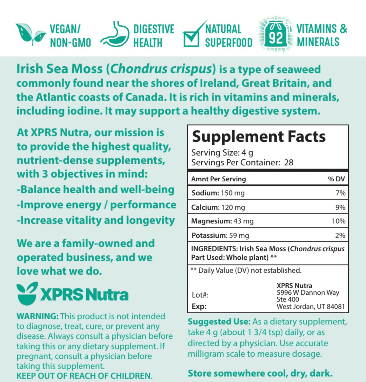 Xprs Nutra Irish Sea Moss Powder (Chondracanthus Chamissoi) - Enhanced Wildcrafted Seamoss Powder For Glowing Skin - Total Body Health Sea Moss Drink Powder - Vegan Friendly Irish Moss Powder (4 Oz)