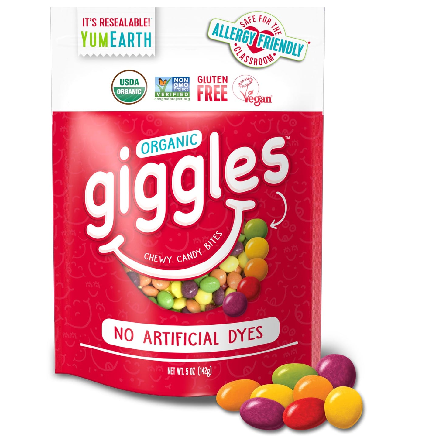 YumEarth Organic Giggles Chewy Candy - Allergy Friendly (Top 9 Free), No Artificial Dyes, Non GMO, Gluten Free, Vegan Candy Snac