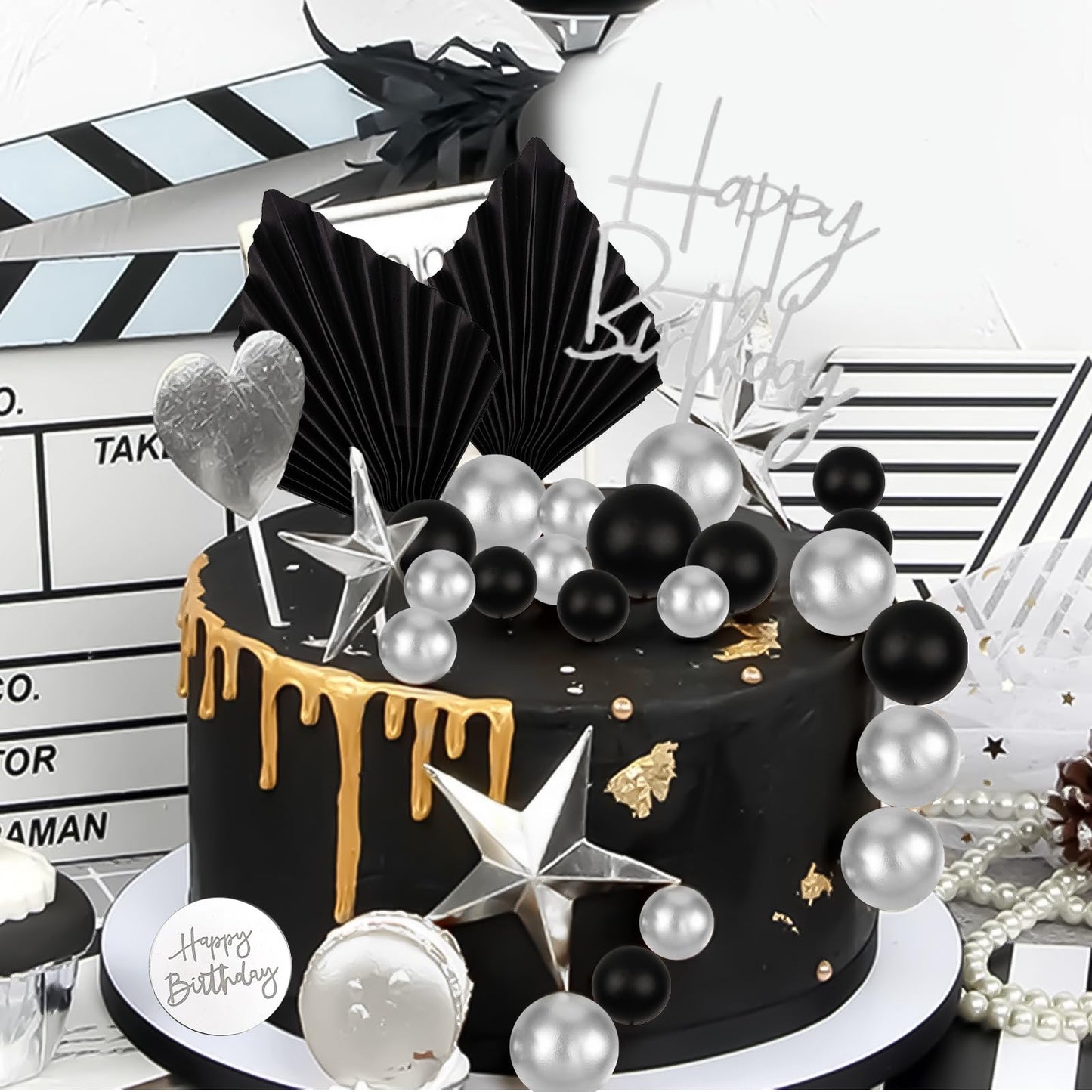 Memovan 26Pcs Man Birthday Cake Topper Black Boho Cake Topper Black Silver Balls Palm Leaves Cake Decorations For Man Boy Bohemi