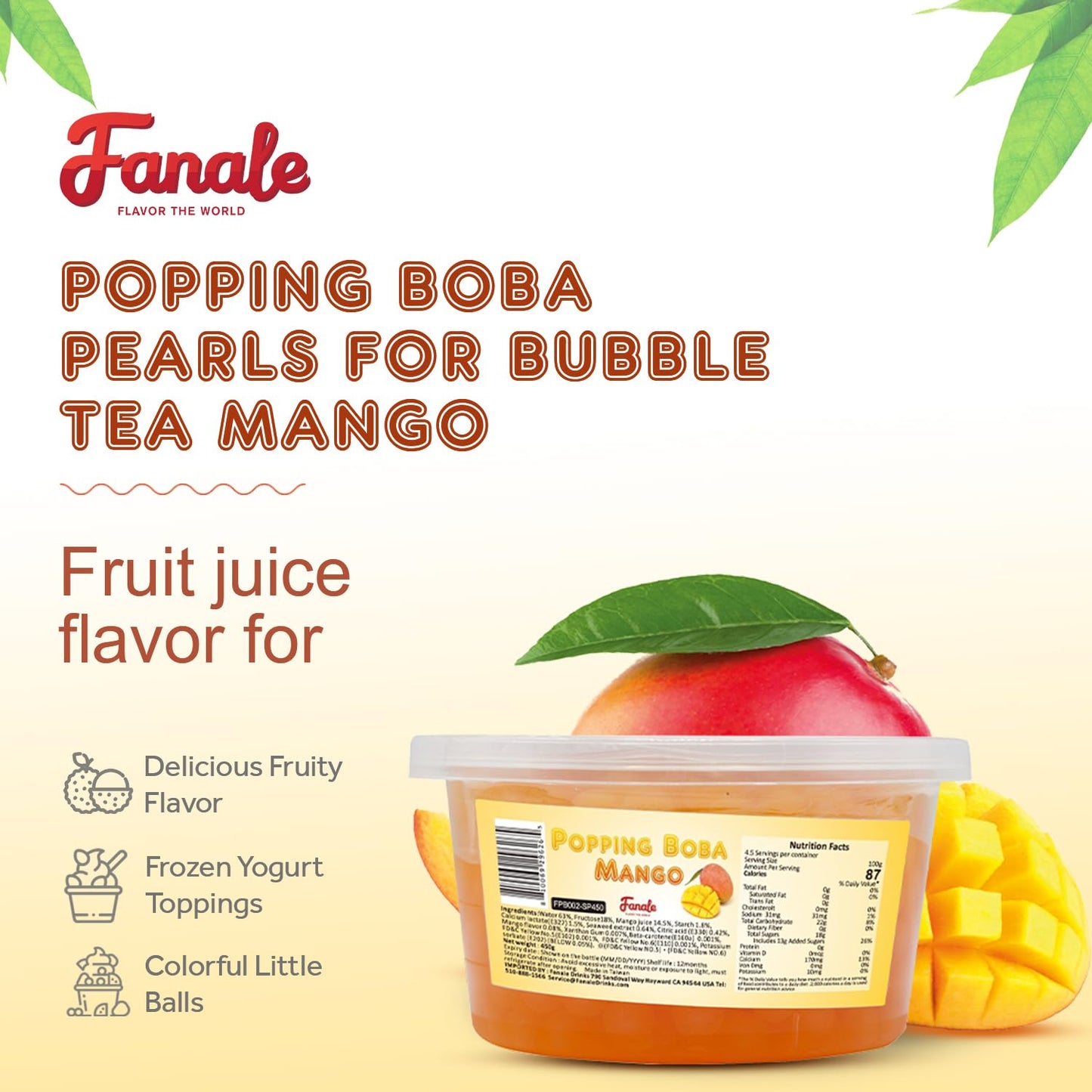Fanale Mango Popping Boba Pearls, Vegan, Non Gmo, Gluten Free, Fat Free, Perfect For Bubble Tea, Smoothies, Ice Cream, Desserts,