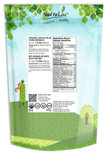 Organic Blue Corn Kernels, 1.5 Pounds - Non-Gmo, Whole Dried Kernels, Vegan, Bulk. Cereal Grain. Good Source Of Vitamin B6, Phos