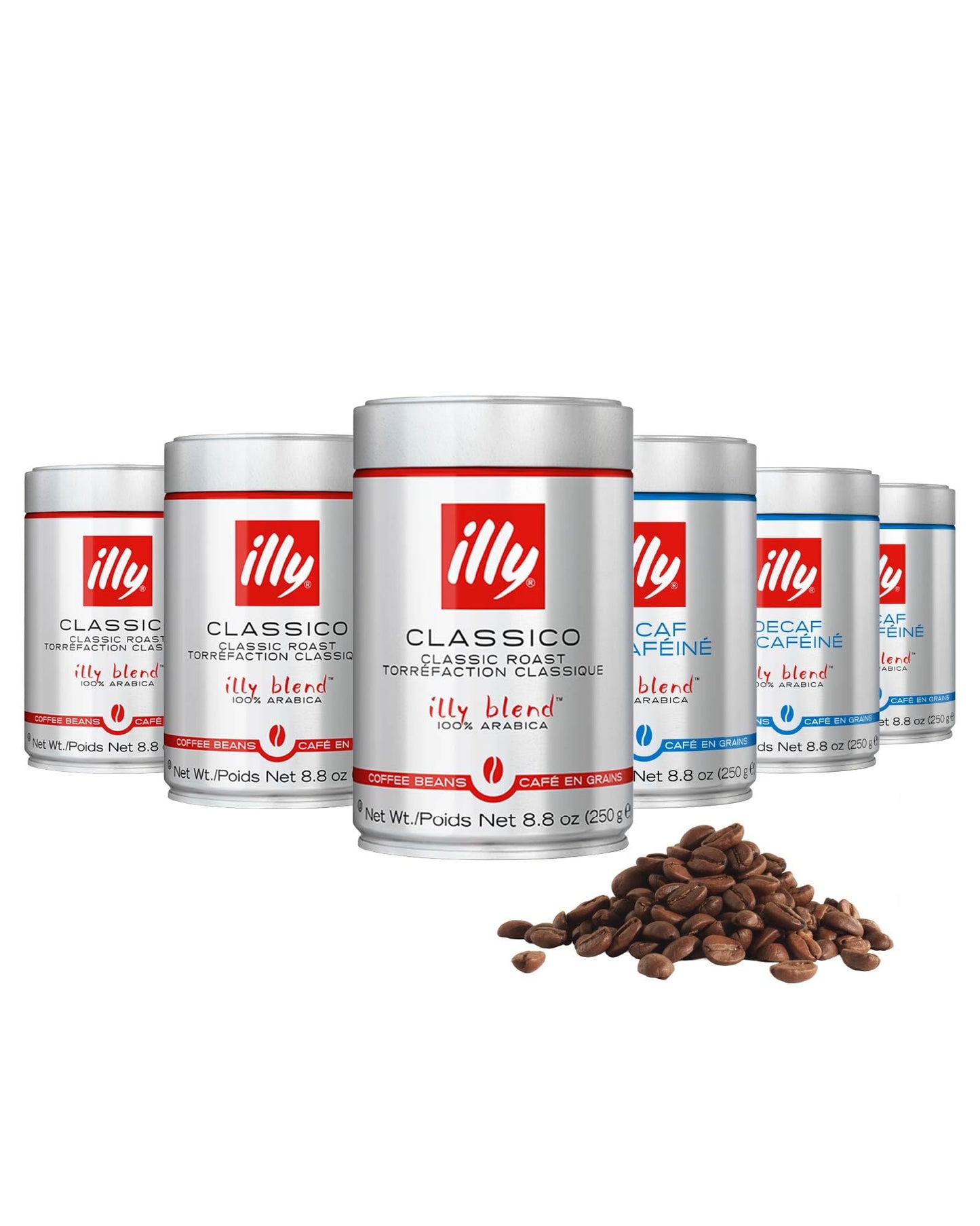 Illy Whole Bean Coffee Classico Medium & Decaffeinated Roasts 100% Arabica Top-Grade Italian Coffee Ideal For Espresso Drip Moka And French Press Brewing 8.8Oz 6 Variety Pack