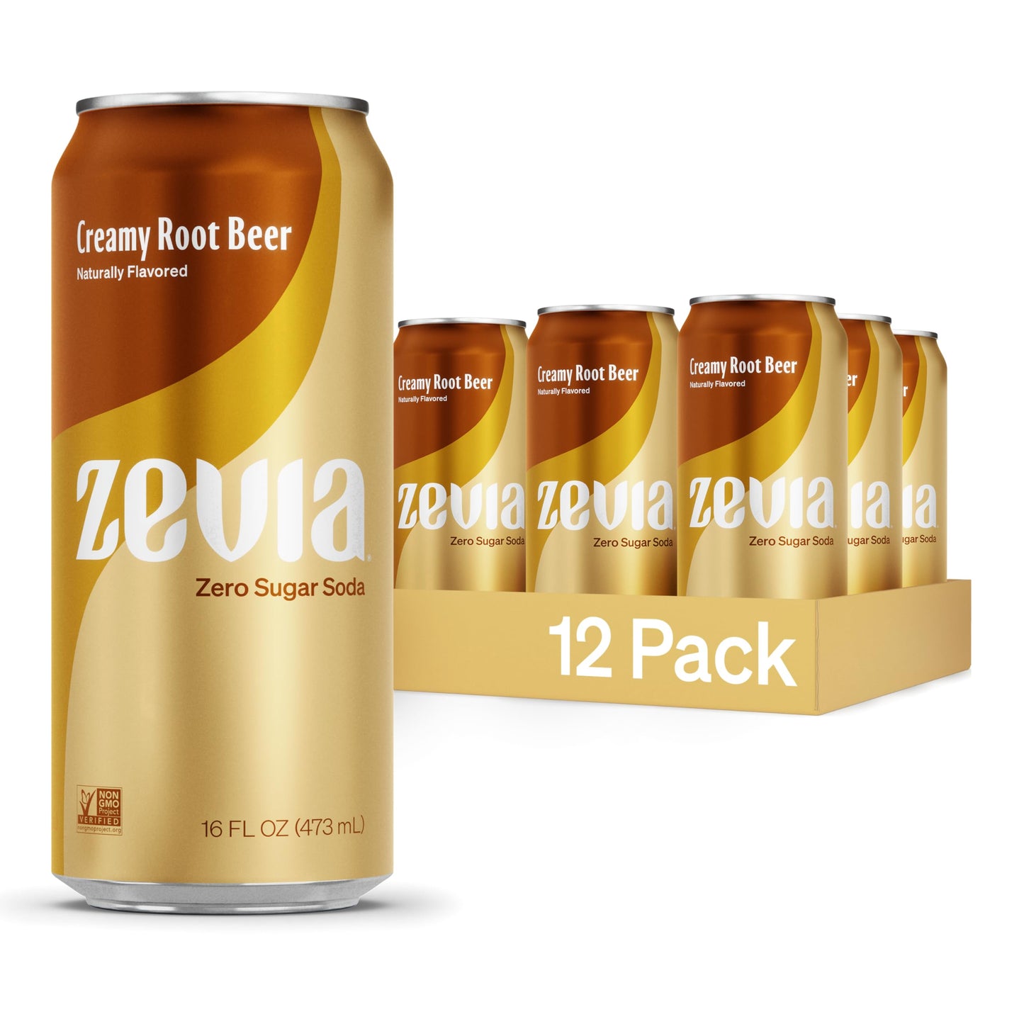 Zevia Zero Sugar Soda, Creamy Root Beer, 12-Pack, 16 Fl Oz Cans, Naturally Sweetened, Non-GMO, Gluten-Free, Vegan