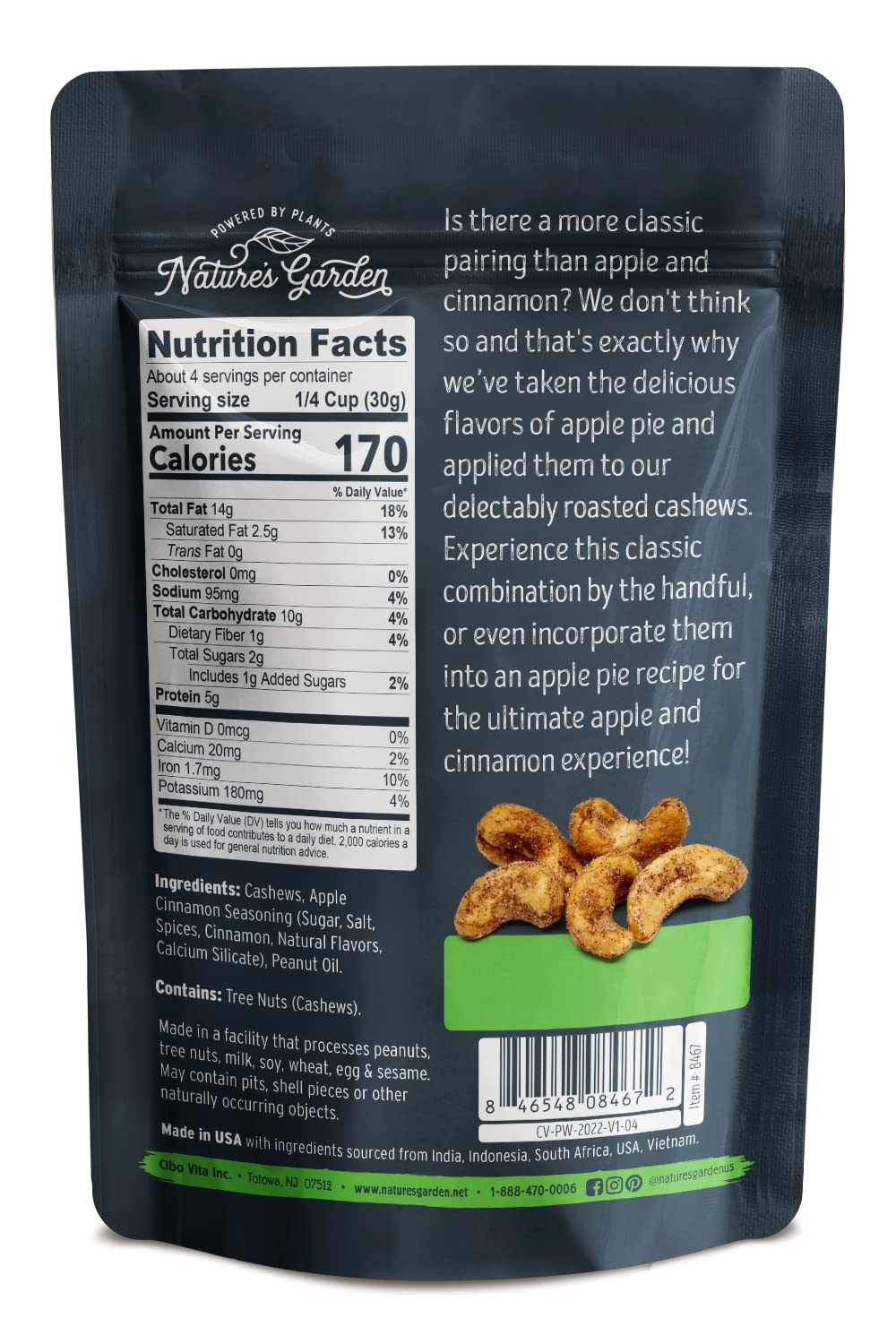 Nature's Garden Apple Cinnamon Cashews, 4 oz (Pack of 6) - Seasoned Roasted Cashews, Flavored Nuts Snack Pack, Organic Cinnamon