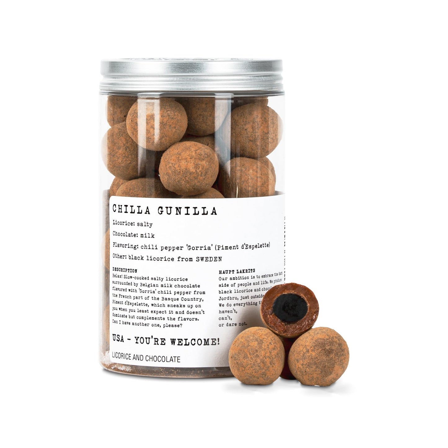 Haupt Lakrits Chilla Gunilla - Salty Black Licorice with Milk Chocolate, Chili Pepper & Sea Salt - Swedish Small Batch, Gourmet