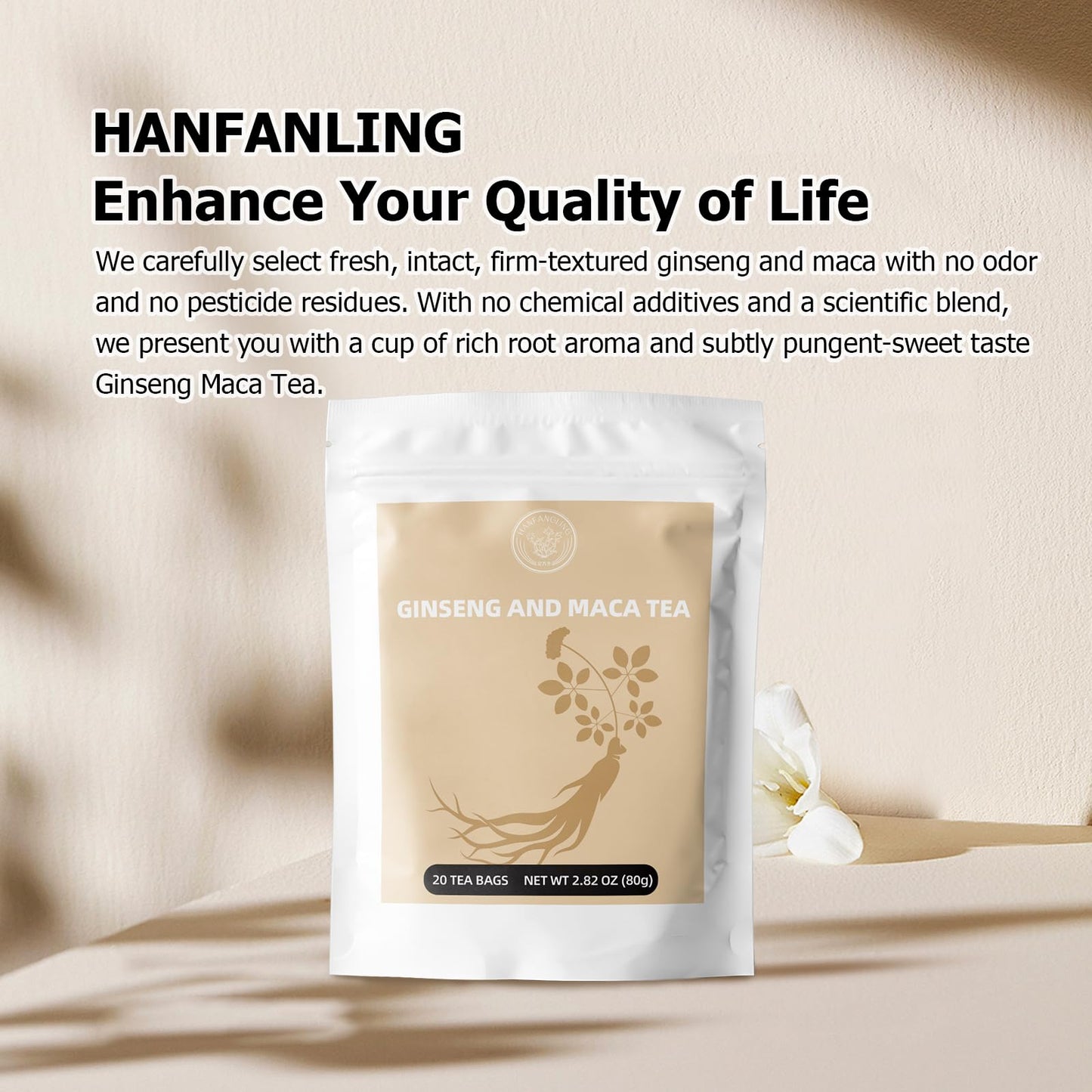 HANFANGLING Ginseng Maca Tea, Caffeine-Free Herbal Tea, 20 Tea Bags, 2.82oz