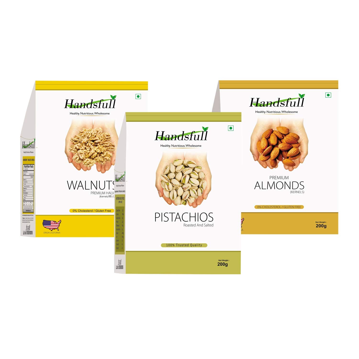 Handsfull California Walnuts, 200G + Premium Pistachious, 200G + Californa Alomnds, 200G