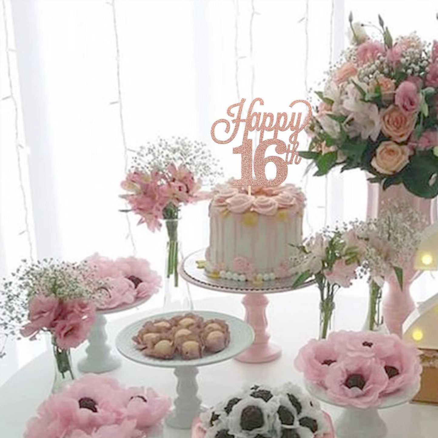 YCTHUNFISH 16th Birthday Cake Topper Black Glitter Number 16 Rose Gold Bamboo Decorations