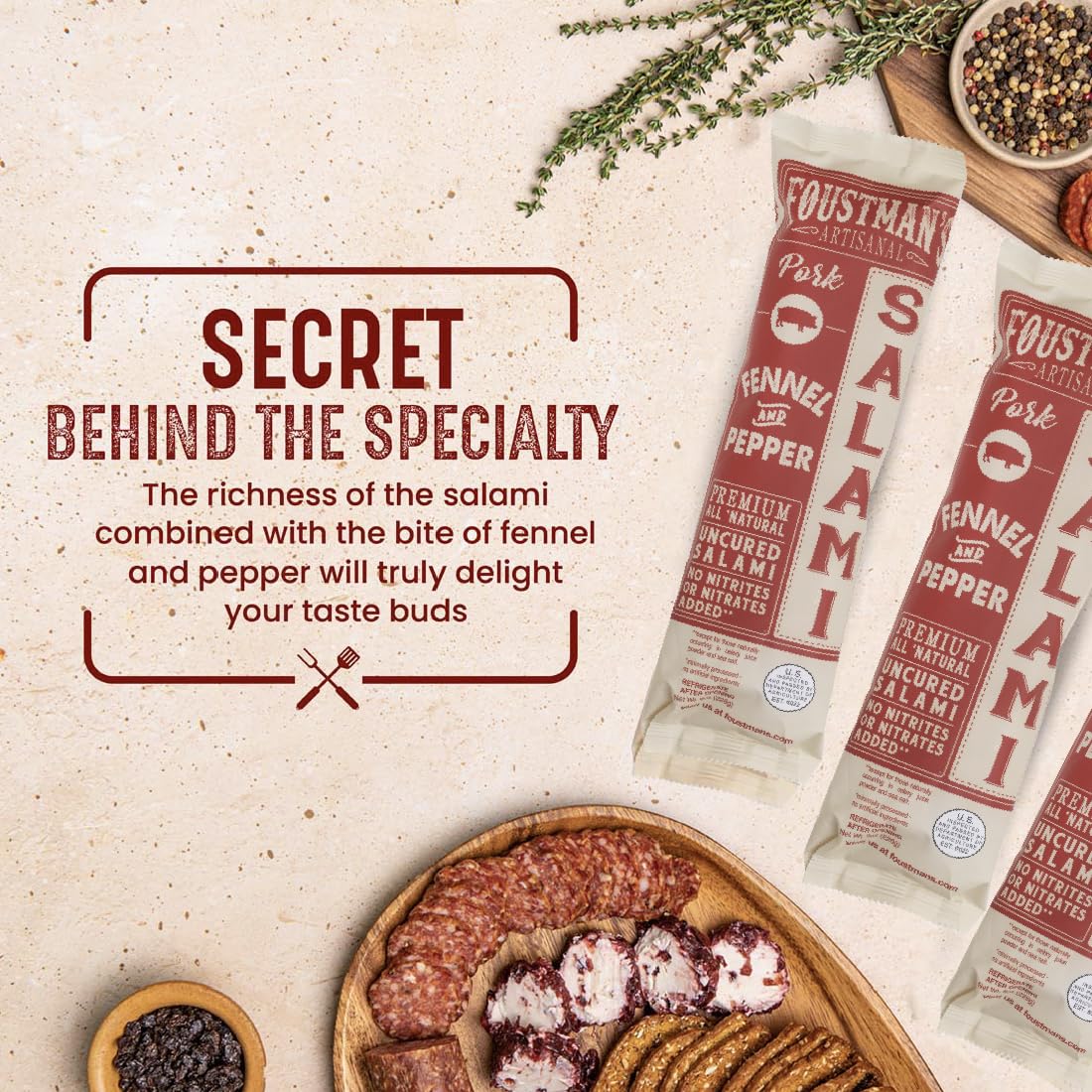 Foustmans Salami Fennel and Pepper Pork Artisanal, Nitrate-Free, Naturally Cured, Gluten-Free, Dairy-Free, 8 Oz Sticks