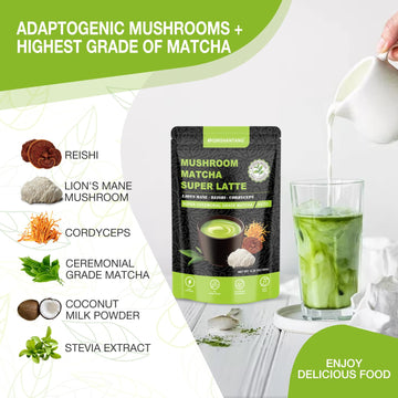 Mushroom Matcha Latte Powder - Super Ceremonial Grade Matcha With Adaptogenic Mushrooms For Brain Health And Energy - Vegan And